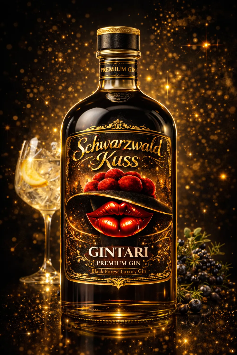 Schwarzwald Kuss promotional visual with GINTARI bottle and Black Forest theme